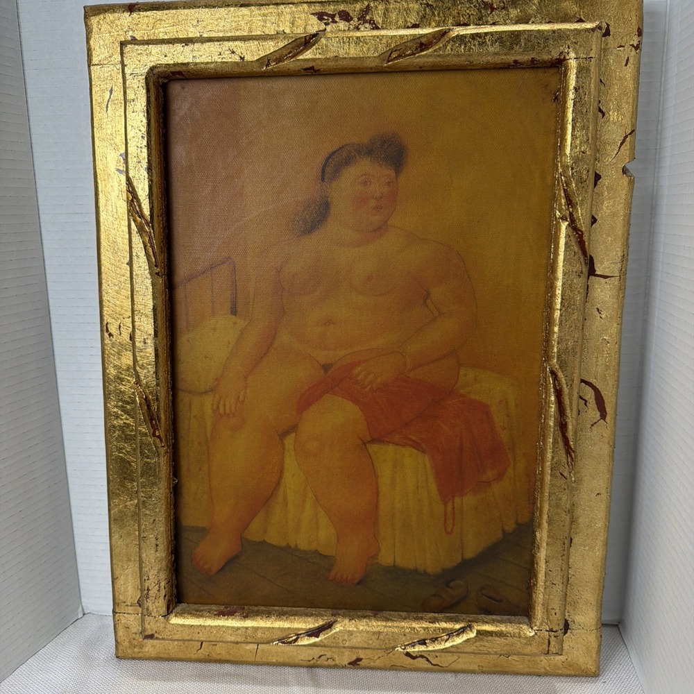 FERNANDO BOTERO Reproduction Women Sitting On Bed WITH FRAME IN GOLDEN Tone